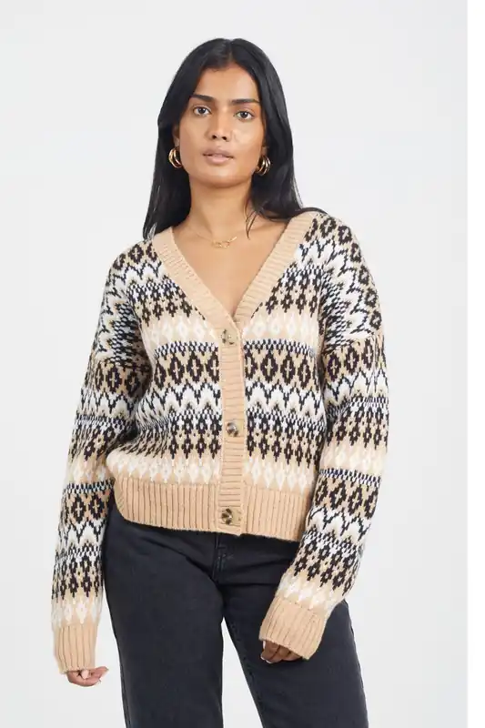 Button Through V-neck Fairisle Cardigan