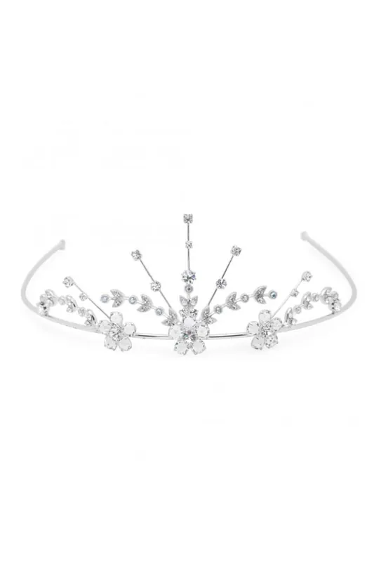 Silver Crystal Flower Statement Tiara - Gift Pouch