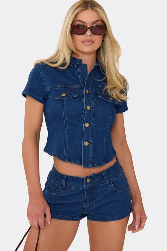 Fitted Short Sleeve Button Down Denim Top - EGO