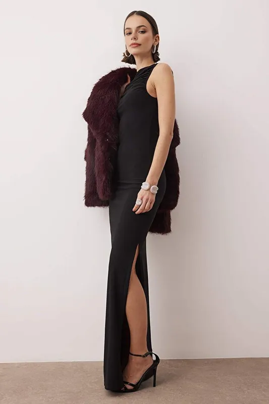 Gathered Neck Knitted Maxi Evening Dress - WOVCOR