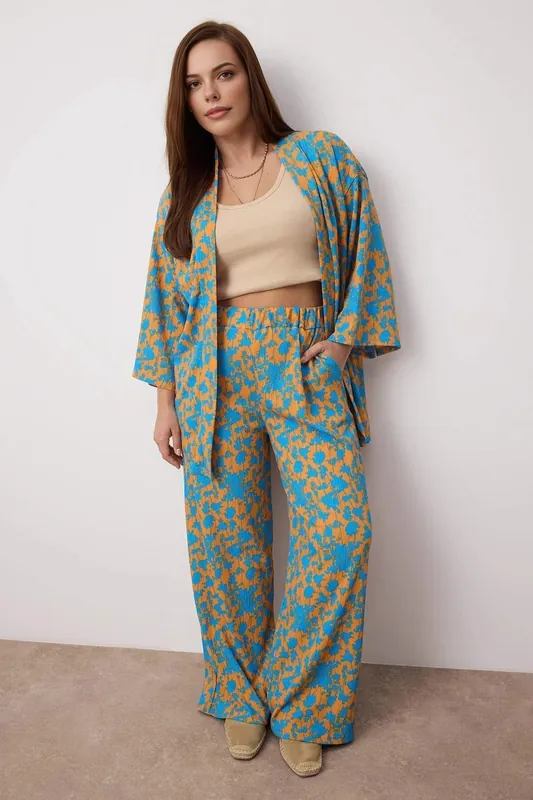 Floral Print Relaxed Fit Open Front Top and Trouser Co-ord Set