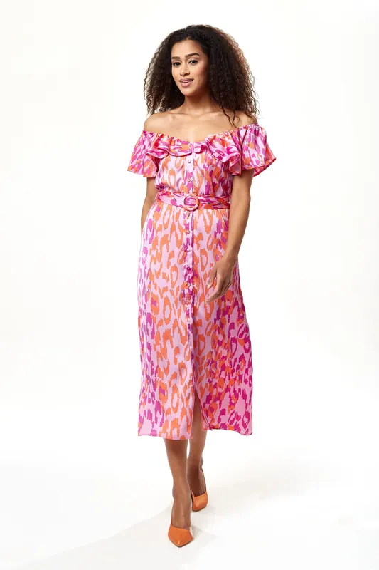 Belted Midi Dress with Off Shoulder Sleeves in Pink Animal Print - Liquorish