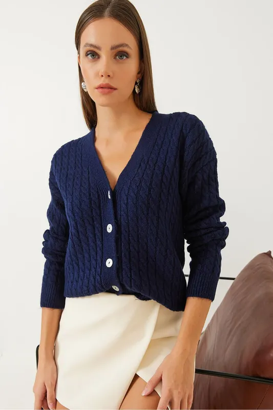 Ribbed Knit Acrylic Cardigan with V-neck and Button Closure