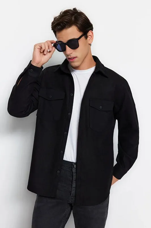 Cashmere-Feel Thick Overshirt with Parachute Pocket Detail