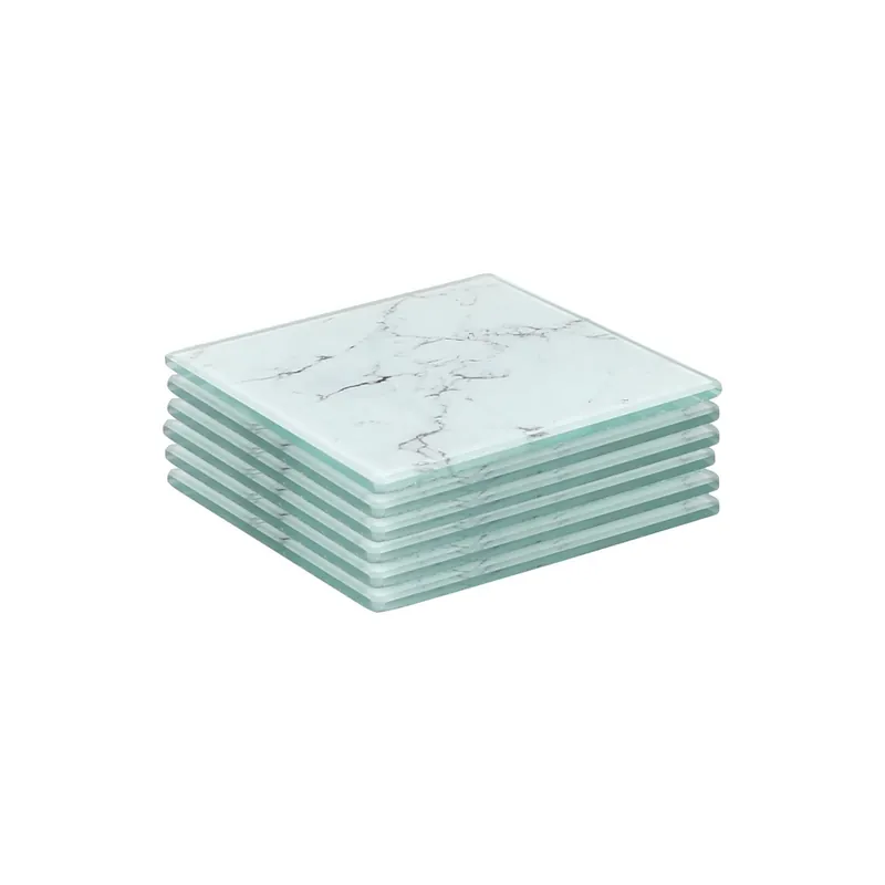 6x Square Glass Coasters - 10cm - Marble Effect Tabletop Drink Coaster