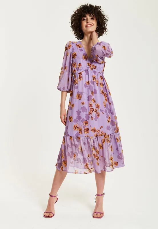 Purple Floral V-Neck Midi Dress