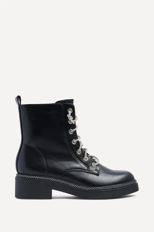 Lacey Black Faux Leather Military Style Boot - Linzi