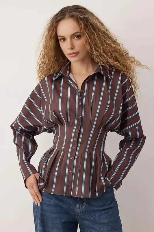 Stripe Print Waist Fitted Button Through Shirt - WOVCOR