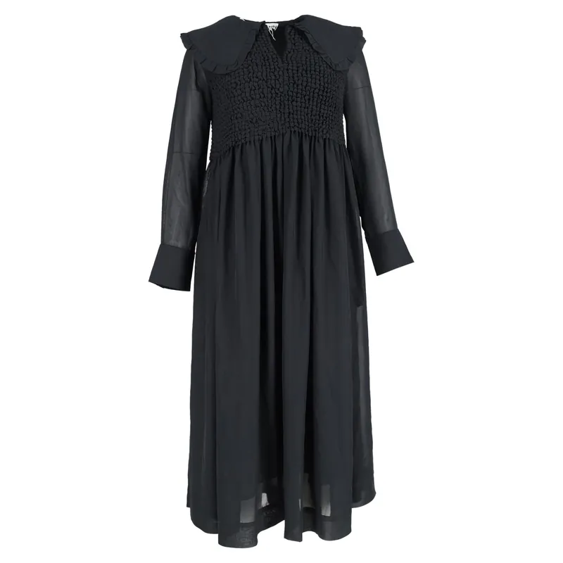 Preloved Smocked Bodice Midi Long Sleeve Dress in Black Polyester - Ganni