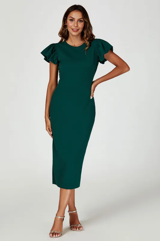 Ruffle Sleeve Bodycon Midi Dress In Green - FS Collection