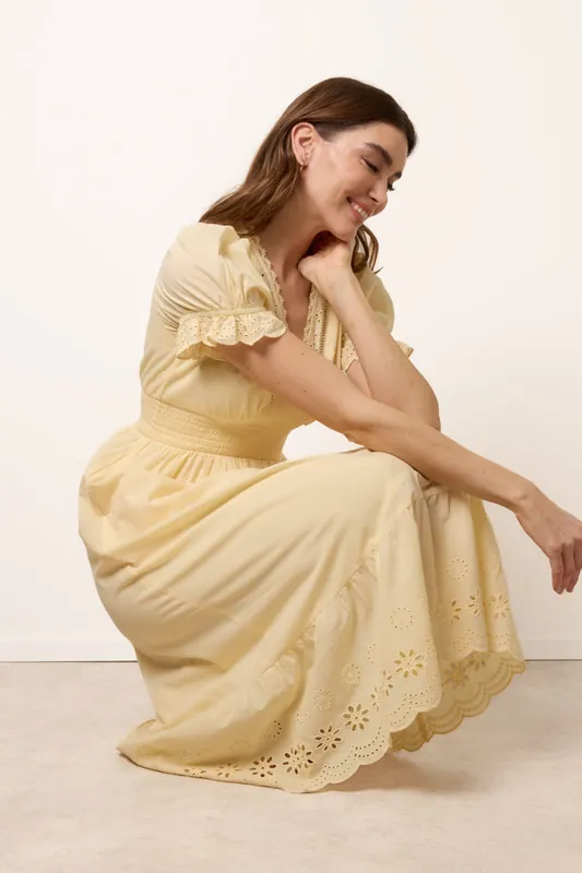 Lemon Embroidery Detail V-Neck Dress