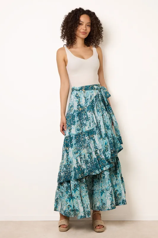 Blue Wrap Metallic Tiered Skirt - Blue Vanilla