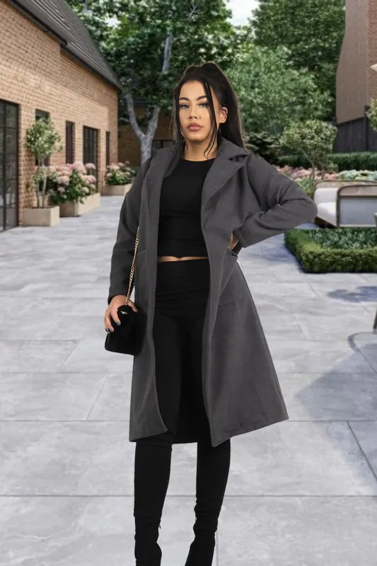 Charcoal Belted Longline Pocket Detail Waterfall Coat - Femme Luxe