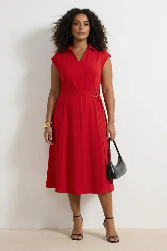 Collared V Neck Belted Midi Shirt Dress - WOVCOR
