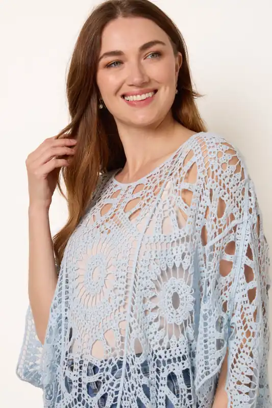 Light Blue Crochet Detailed Kimono Top - Blue Vanilla