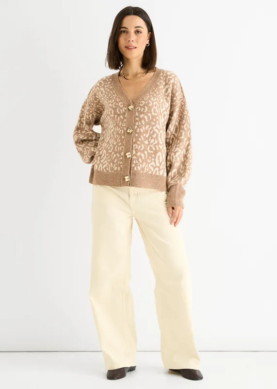 Camel Animal Print Wool Mix Cardigan Look Jumper - Gini London