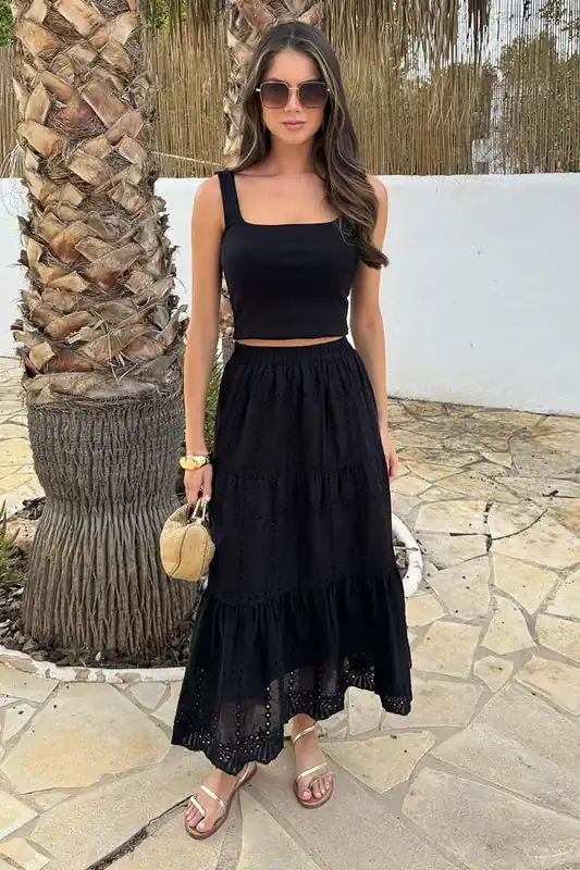 Black Broderie Tiered Midi Skirt - AX Paris