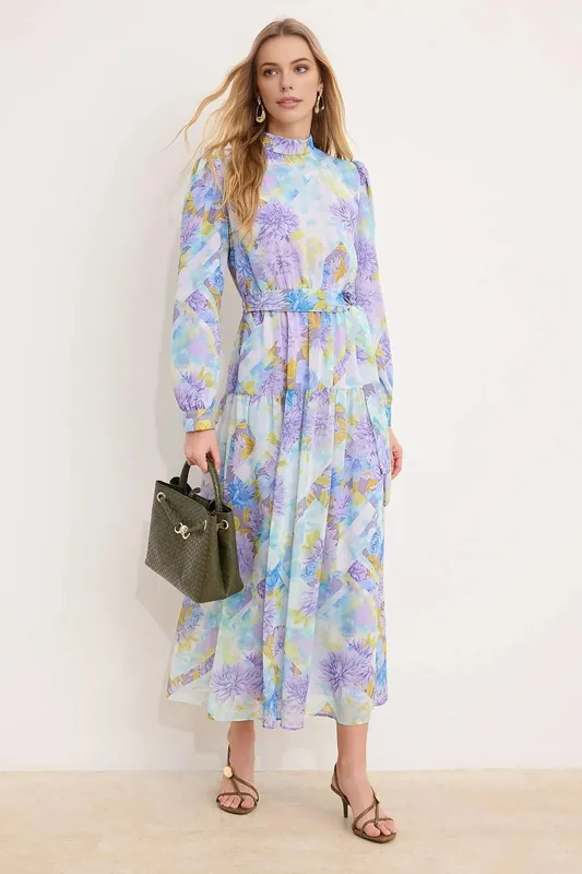 Floral Print Belted Midaxi Chiffon Dress with Ruffles - WOVCOR