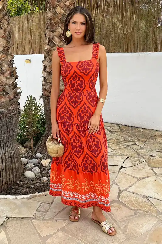 Orange Boho Border Print Frill Strap Smock Midi Dress - AX Paris