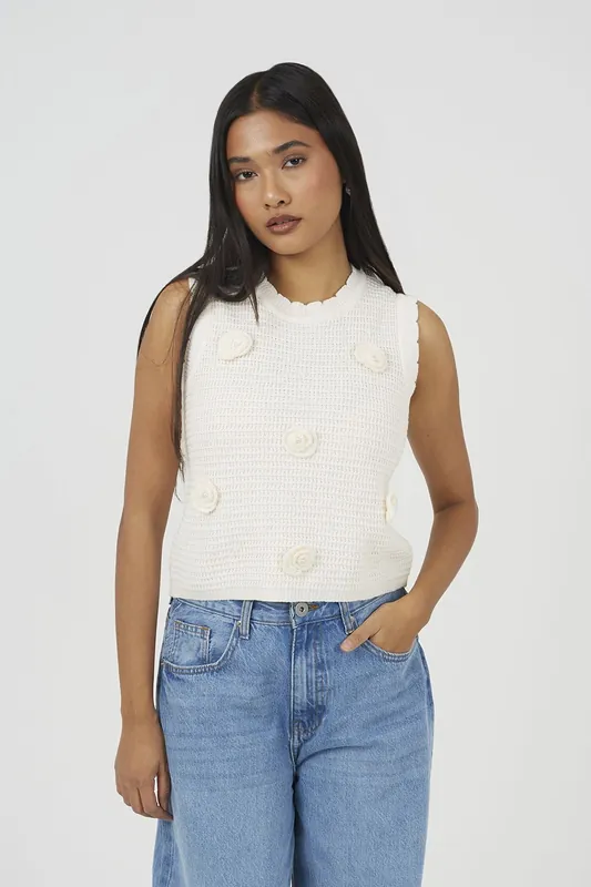 Knitted Crew Neck Tank With Crochet Shells - Brave Soul