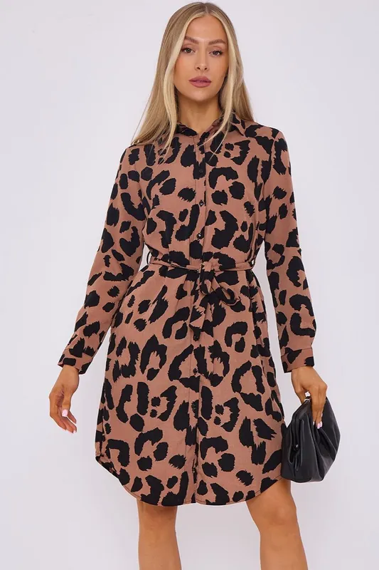 Tan Leopard Print Mini Shirt Dress - Love Sunshine