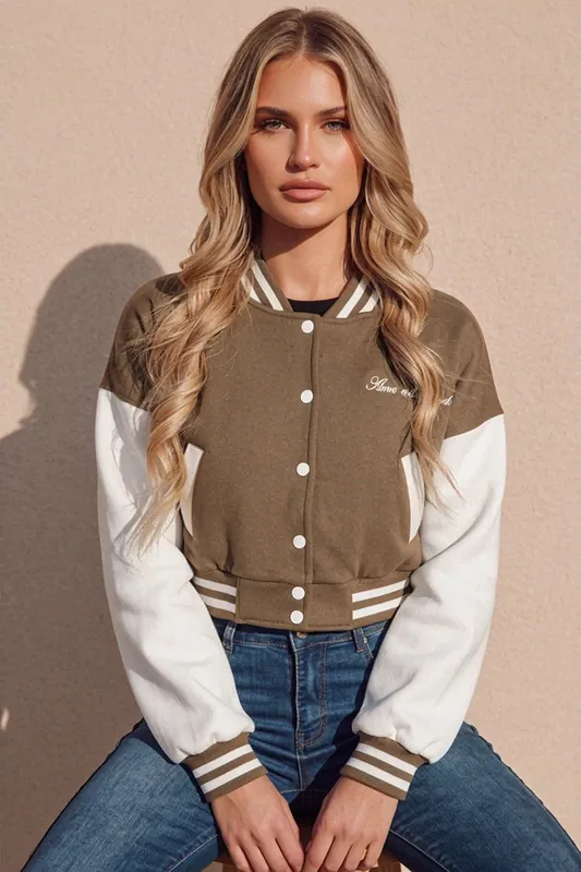 Khaki Varsity Slogan Contrast Sleeve Bomber - Hallie