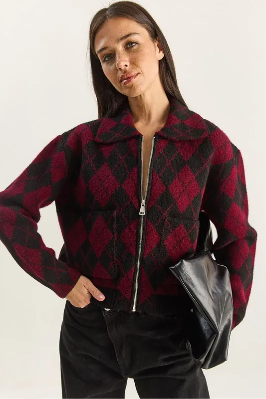 Thick Jacquard Knit Cardigan with Zipper - Bianco Lucci