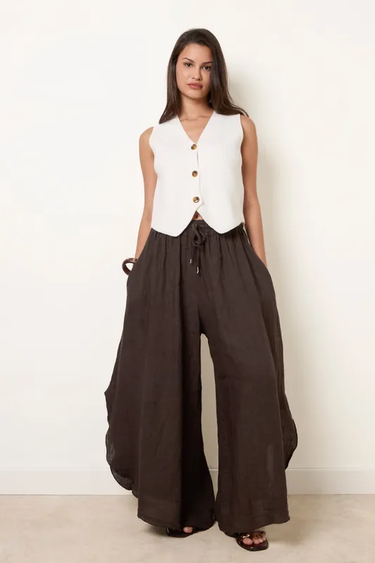 Brown Extreme Wide Leg Linen Trousers - Blue Vanilla