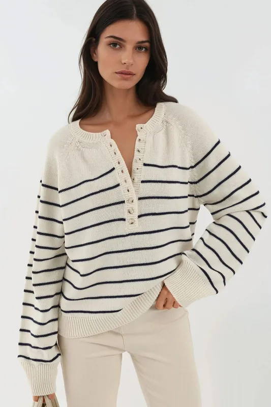 Button Detailed Striped Loose Fit Sweater - Hiccup
