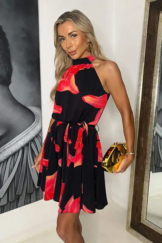 Black And Coral Red Floral Print Halter Neck Mini Dress - AX Paris