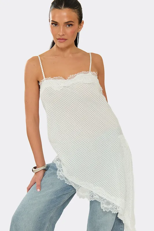 Strappy Straight Neck Lace Trim Polka Dot Top - EGO