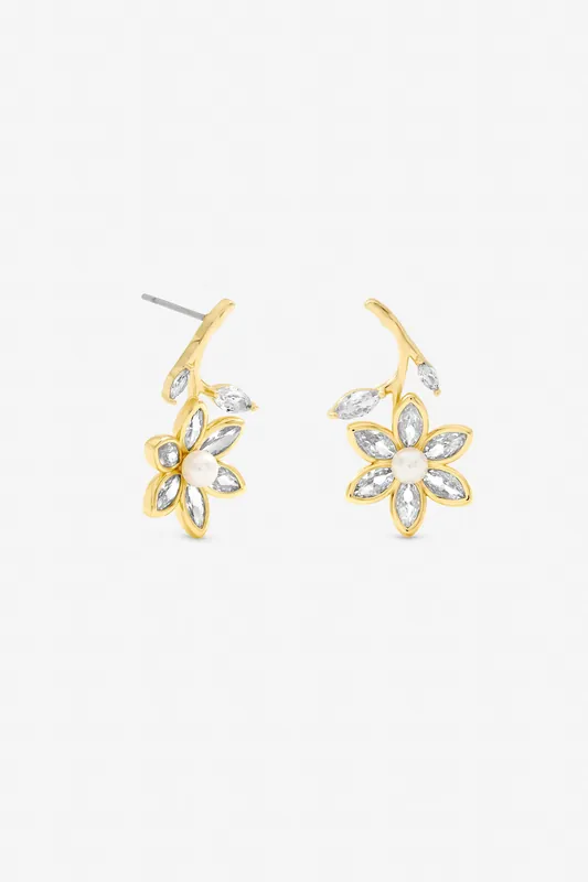 Gold Plated Crystal and Pearl Flower Drop Earrings - Jon Richard