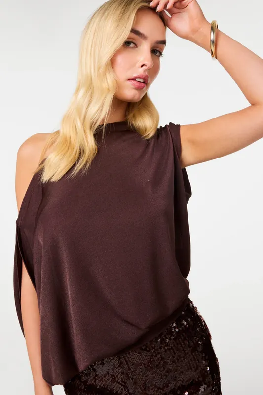 Brown Off Shoulder Slinky Band Top - Pink Vanilla