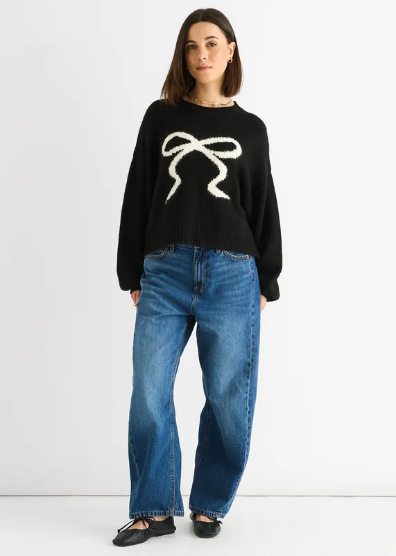 Black Embossed Contrast Bow Short Knit Jumper - Gini London