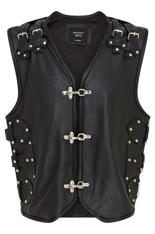 Biker Leather Waistcoat Metal Buckles Vest - Coolgardie