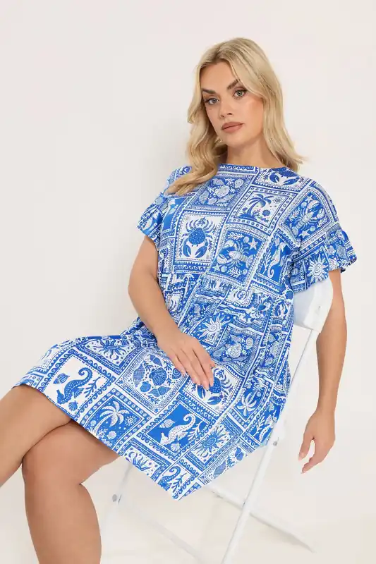 Mixed Shell Frill Sleeve Tunic Dress - Yours