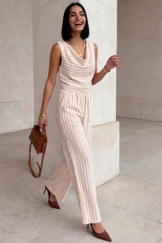 High Waist Striped Cowl Neck Two-Piece Set