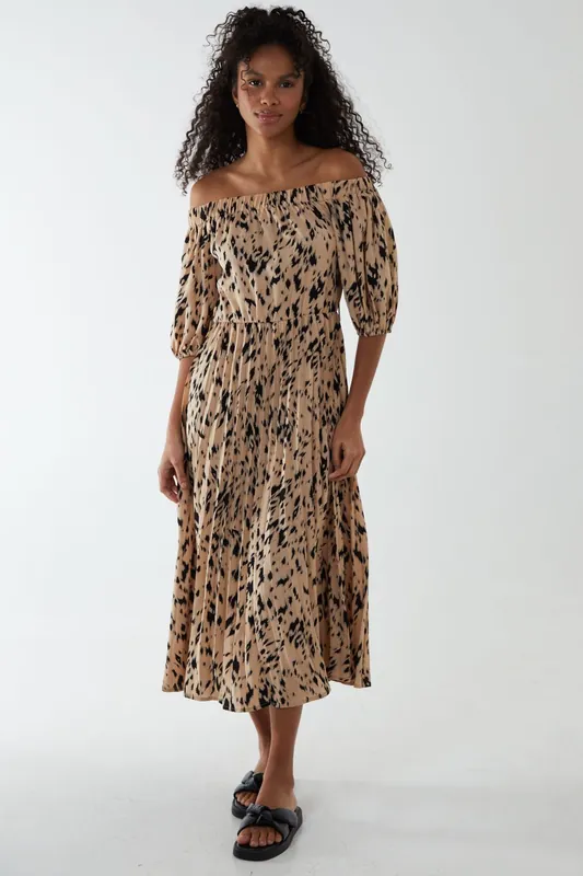 Bardot Midi Dress With Pleated Hem - Blue Vanilla