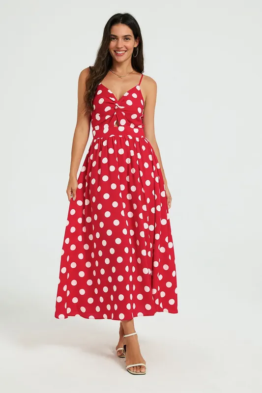 Polka Dot Twist Front Strappy Midi Dress - FS Collection
