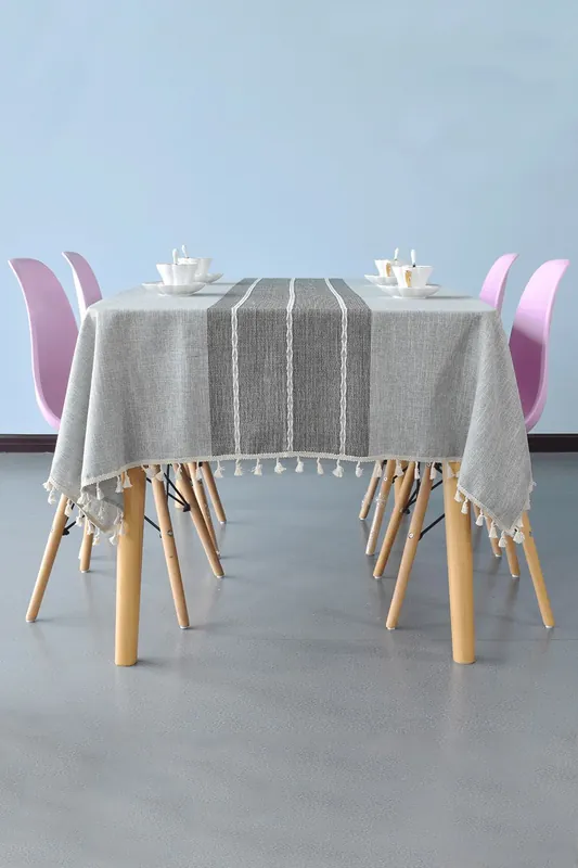 Embroidery Stitch & Fringe Tassels Tablecloth, 140cm x 250cm - Neel Blue