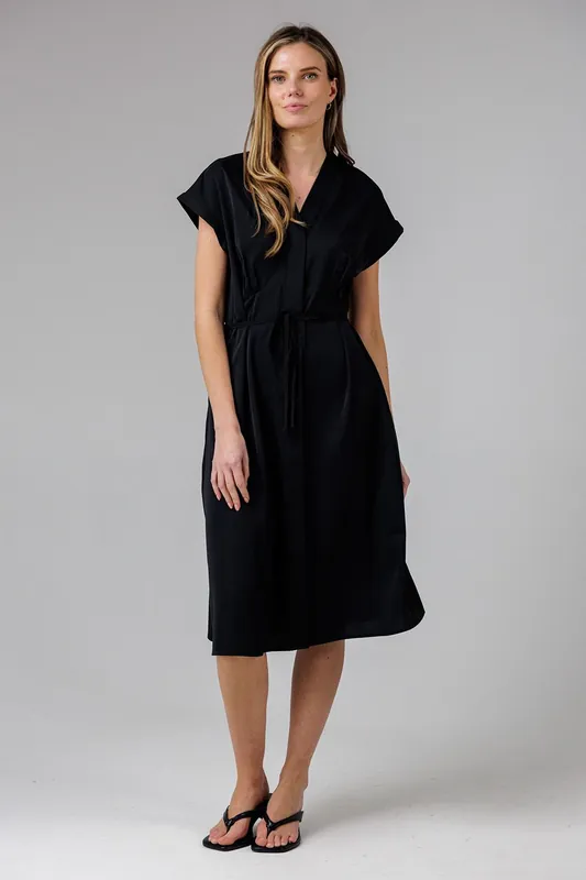 V-Neck Cap Sleeve Crepe Midi Dress
