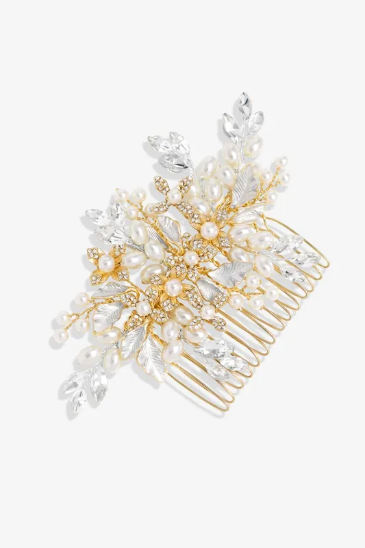 Gold Plated Pearl And Crystal Floral Comb - Jon Richard
