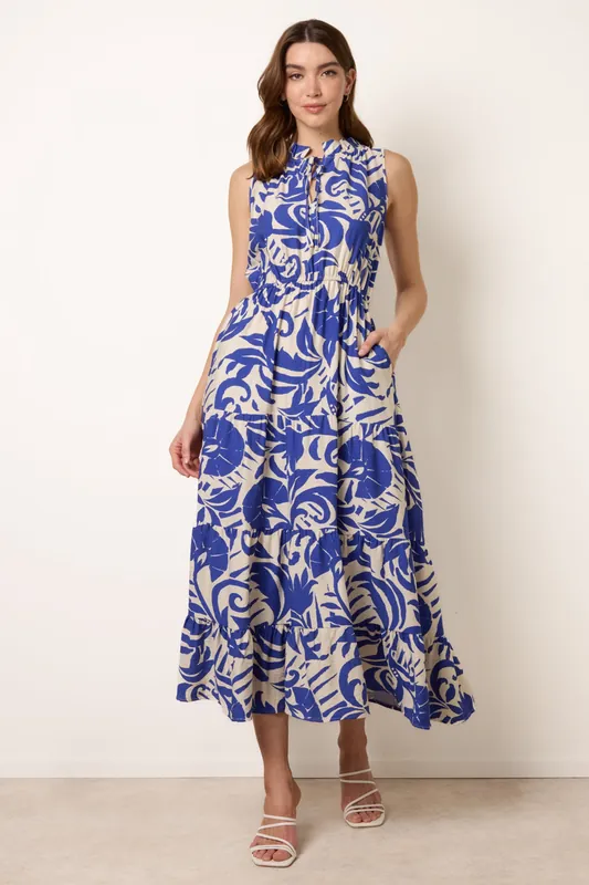 Royal Topical Leaf Print Maxi Dress - Blue Vanilla