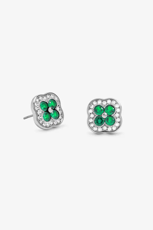 Rhodium Plated Crystal and Emerald Clover Studs - Jon Richard