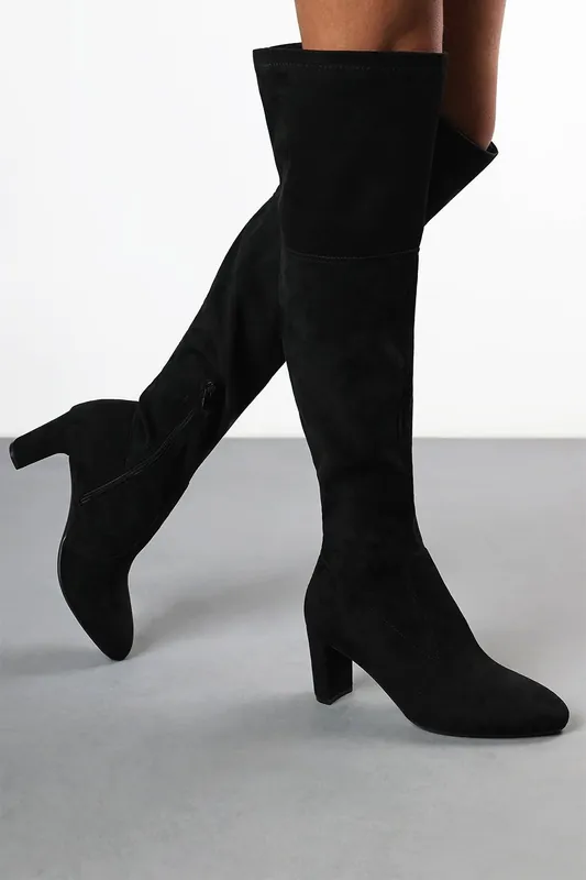 Hana' Round Toe Block Heel Knee High Boots - Where's That From