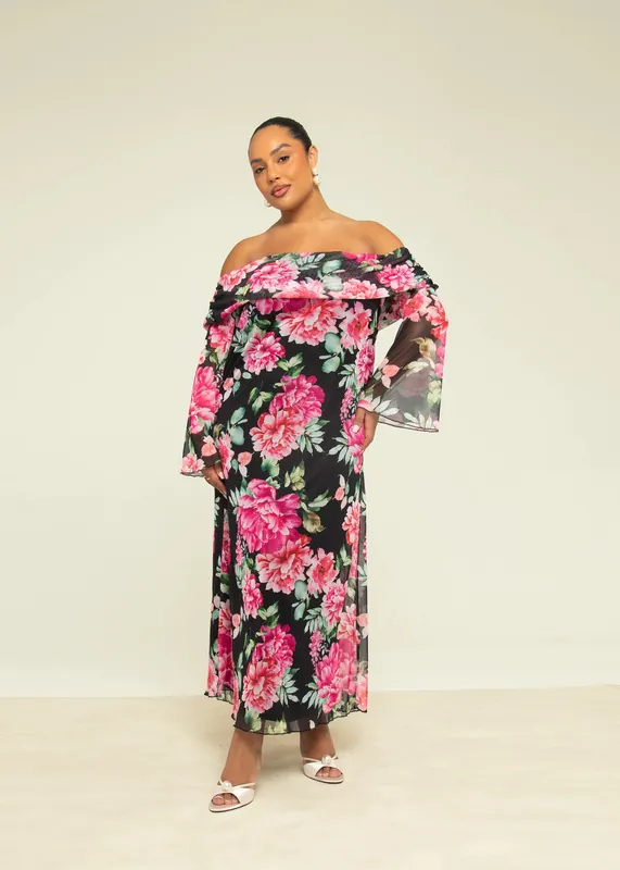 Curve Floral Print Bardot Mesh Midi Dress - FASHION-SZN