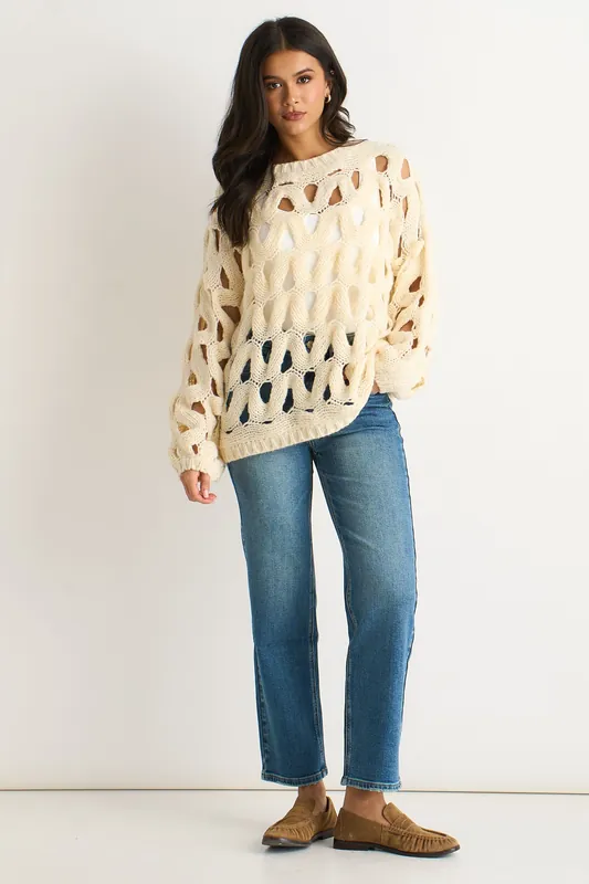 Butter Cream Hollow Chunky Knit Jumper - Gini London