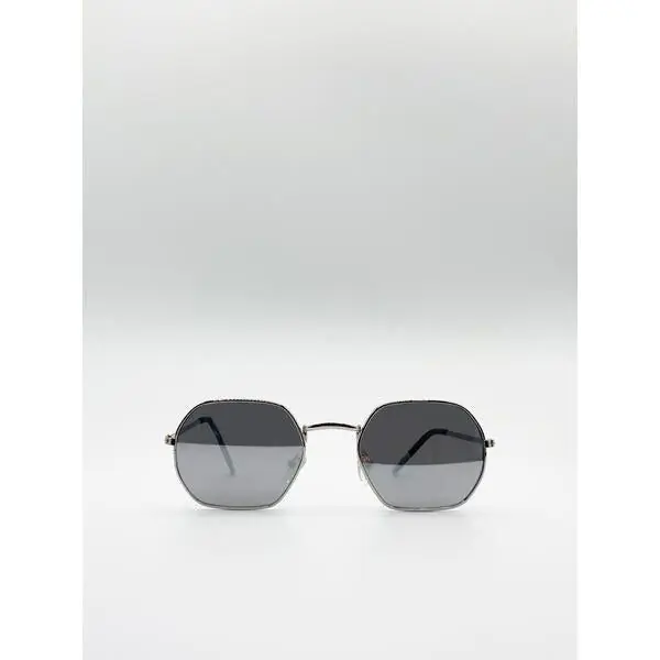 Hexagon Metal Frame Sunglasses with Mirror Lenses in Silver - SVNX