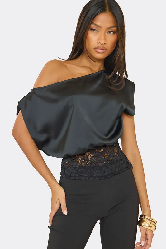 Strappy Off The Shoulder Lace Trim Satin Top - EGO