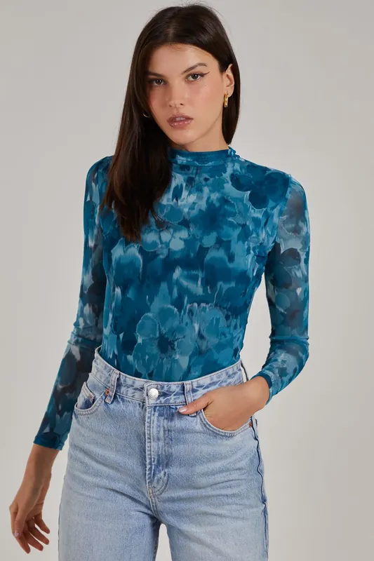 Graphic Floral High Neck Bodysuit - Pink Vanilla